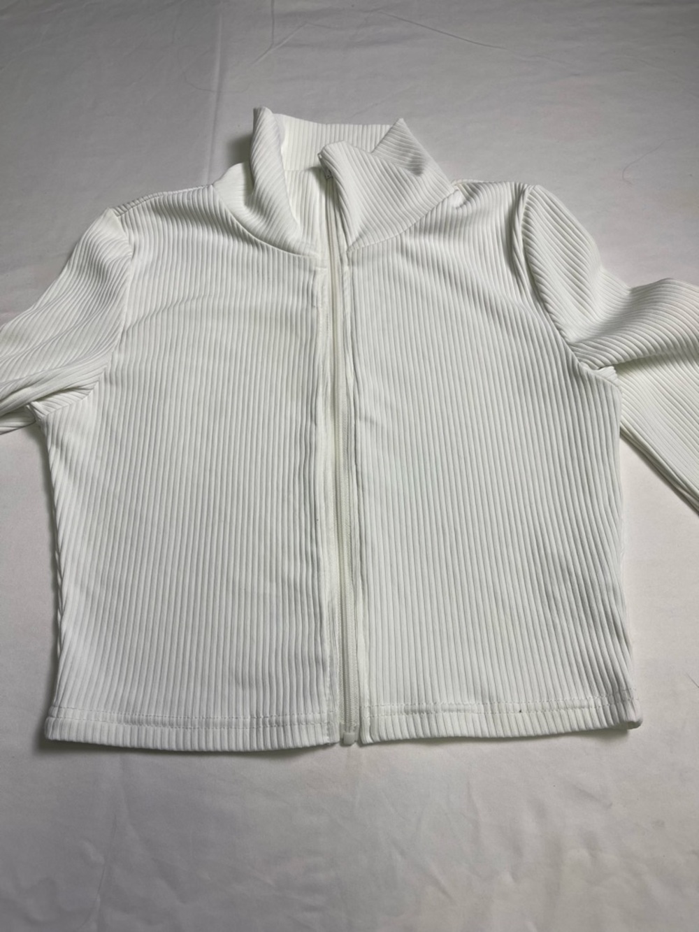 Lucky Label Ribbed Zip Up Jacket White Thumb Hole Stretch Top